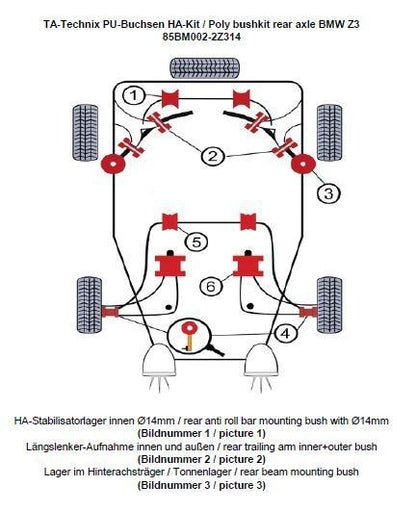 TA Technix PU-Buchsen Kit 20-teilig / Hinterachse mit Ø 14mm Stabi / passend für BMW Z3 Roadster/Coupe Serie E36