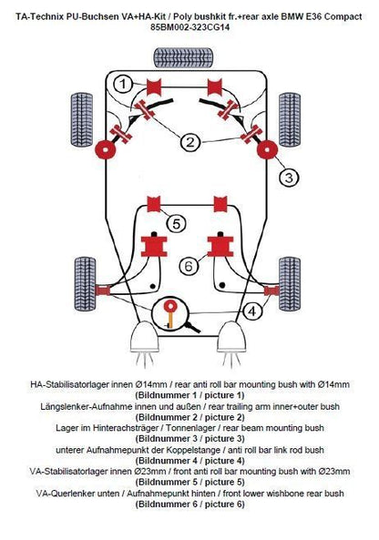 TA Technix PU-Buchsen Kit 32-teilig / Vorderachse+Hinterachse / Vorderachse mit Ø 23mm Stabi / Hinterachse mit Ø 14mm Stabi / passend für BMW 3er Serie E36 Compact