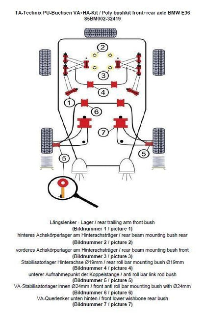 TA Technix PU-Buchsen Kit 38-teilig / Vorderachse+Hinterachse / Vorderachse mit Ø 24mm Stabi / Hinterachse mit Ø 19mm Stabi / passend für BMW 3er Serie E36