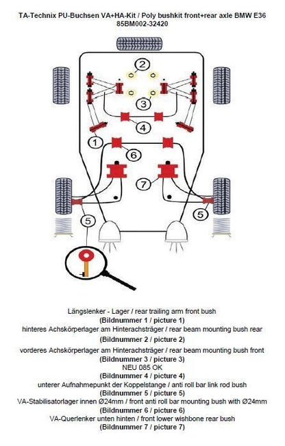 TA Technix PU-Buchsen Kit 38-teilig / Vorderachse+Hinterachse / Vorderachse mit Ø 24mm Stabi / Hinterachse mit Ø 20mm Stabi / passend für BMW 3er Serie E36