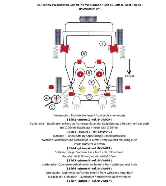TA Technix PU-Buchsen Kit 24-teilig, VA+ Hinterachse passend für VW Corrado / Golf II / Jetta II / Seat Toledo I