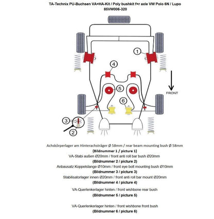 TA Technix PU-Buchsen Kit 30-teilig / Vorderachse mit 20mm Stabi +Hinterachse Ø 58mm / passend für Seat Arosa (6H)/ VW Lupo (6X/6E)/ Polo (6N+6N2)