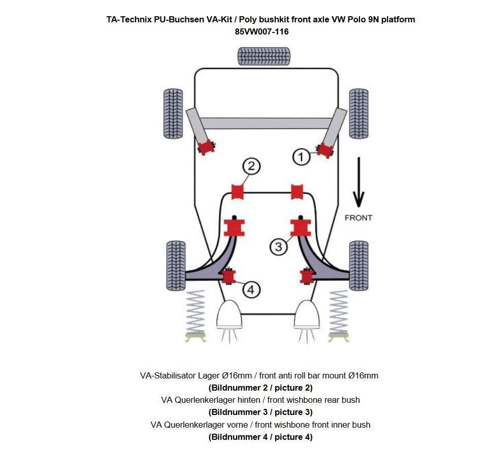 TA Technix PU-Buchsen Kit 10-teilig / Vorderachse mit Stabi 16mm /passend für Seat Ibiza, Cordoba (6L)/ Skoda Fabia, Roomster (6Y/5J)/ VW Fox (5Z)/ Polo (9N)/ Polo Stufenheck (9A)