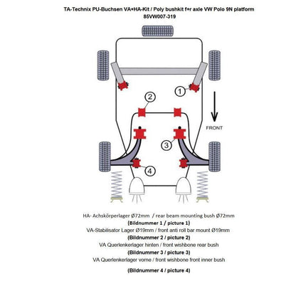 TA Technix PU-Buchsen Kit 14-teilig / Vorderachse mit Stabi 19mm +HA Ø =72mm / passend für Seat Ibiza, Cordoba (6L)/ Skoda Fabia, Roomster (6Y/5J)/ VW Fox (5Z)/ Polo (9N)/ Polo Stufenheck (9A)