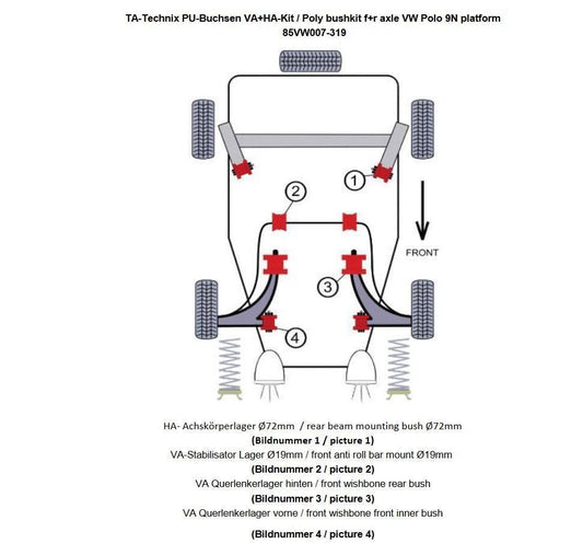 TA Technix PU-Buchsen Kit 14-teilig / Vorderachse mit Stabi 19mm +HA Ø =72mm / passend für Seat Ibiza, Cordoba (6L)/ Skoda Fabia, Roomster (6Y/5J)/ VW Fox (5Z)/ Polo (9N)/ Polo Stufenheck (9A)