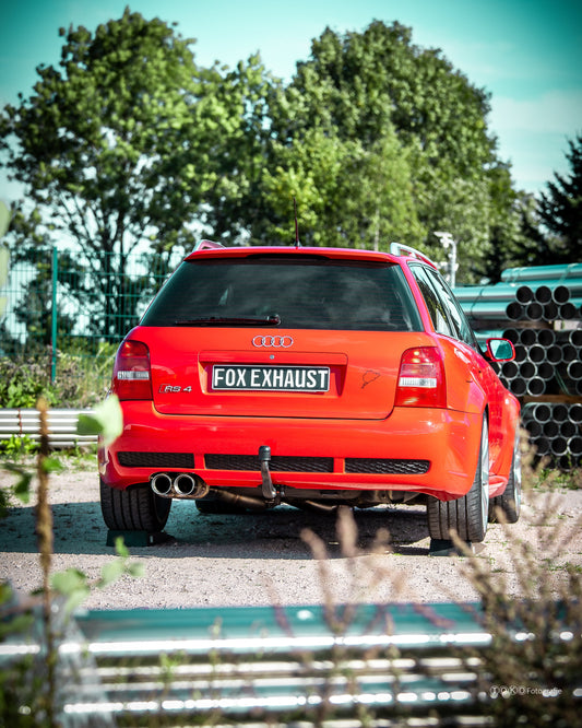 FOX Audi RS4 B5 - Edelstahl-System End- und Vorschalldämpfer 90mm - 2x90 Typ 25 - inkl. Y-Adapter auf 76mm Downpipes