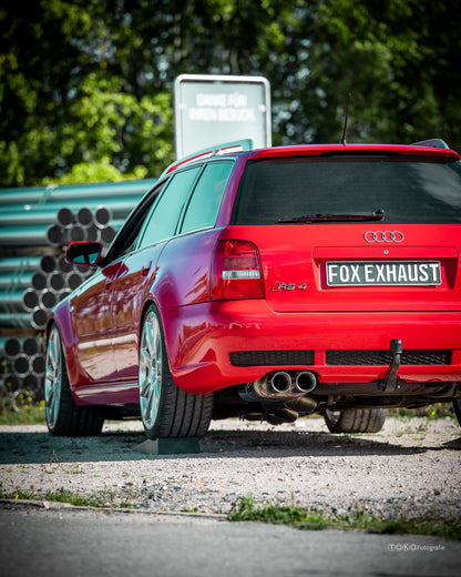 FOX Audi RS4 B5 - Edelstahl-System End- und Vorschalldämpfer 90mm - 2x90 Typ 25 - inkl. Y-Adapter auf 76mm Downpipes