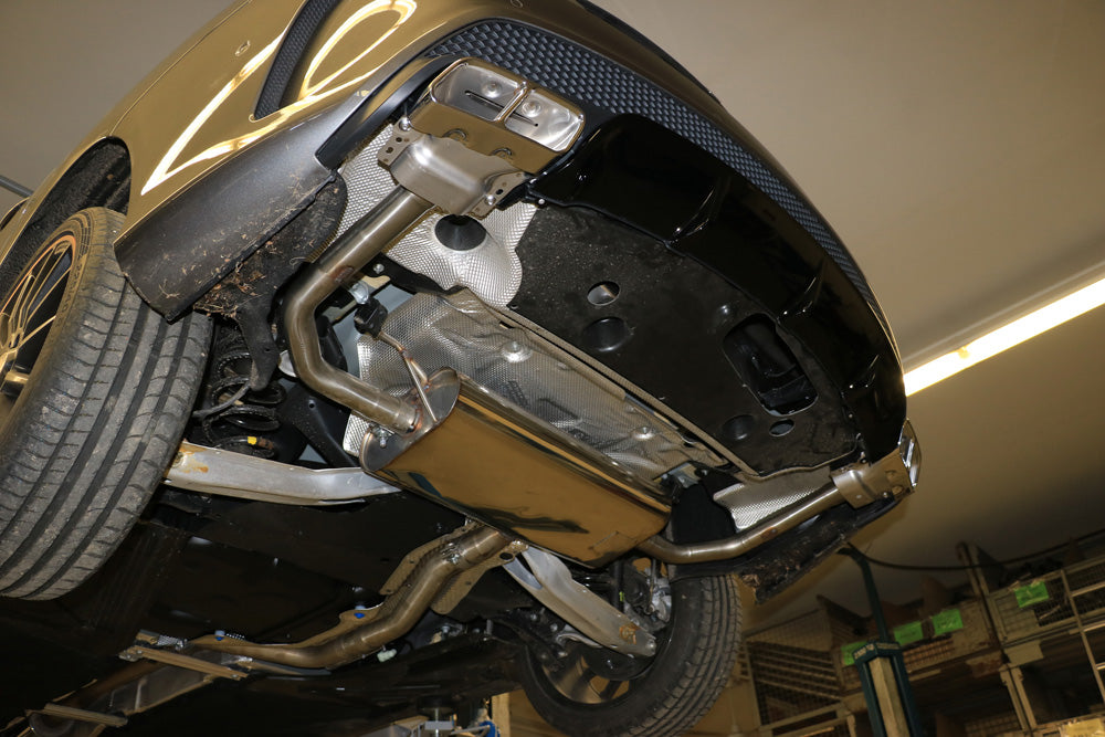 Mercedes CLA - C117/ X117 für AMG-Line/ AMG 45 Optik Endschalldämpfer quer Ausgang rechts/links für Modelle mit AMG45 oder AMG-Line Endrohre - Endrohre in originaler Stoßstange
