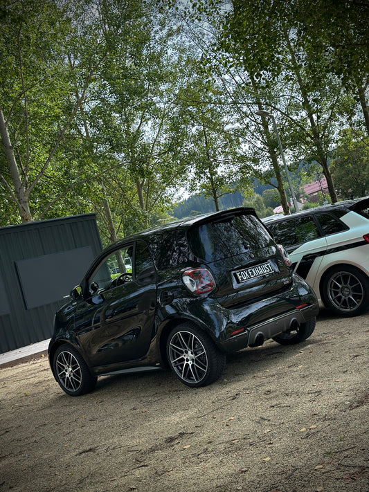 FOX Smart Fortwo 453 Brabus Coupe & Cabrio Endschalldämpfer quer Ausgang rechts/links inkl. Flexstück - 1x90 Typ 25 rechts/links schwarz emalliert