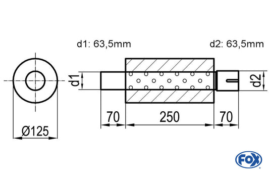 FOX Uni-Schalldämpfer rund mit Stutzen - Abwicklung 390 Ø 125mm, d1Ø 63,5mm  d2Ø 64mm, Länge: 250mm