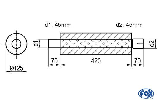 FOX Uni-Schalldämpfer rund mit Stutzen - Abwicklung 390 Ø 125mm, d1Ø 45mm  d2Ø 45,5mm, Länge: 420mm