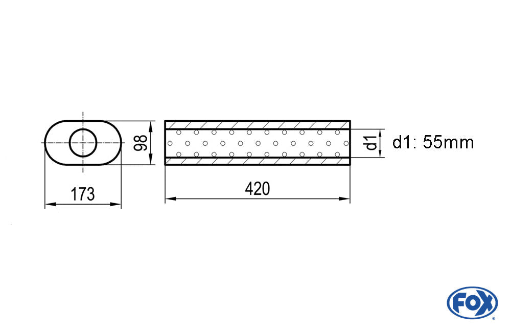 FOX Uni-Schalldämpfer oval ohne Stutzen - Abwicklung 450 173x98mm, d1Ø 55mm, Länge: 420mm