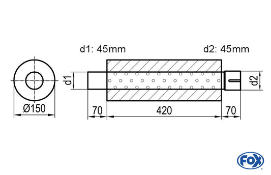 FOX Uni-Schalldämpfer rund mit Stutzen - Abwicklung 466 Ø 150mm, d1Ø 45mm außen - d2Ø 45,5mm innen - Länge: 420mm