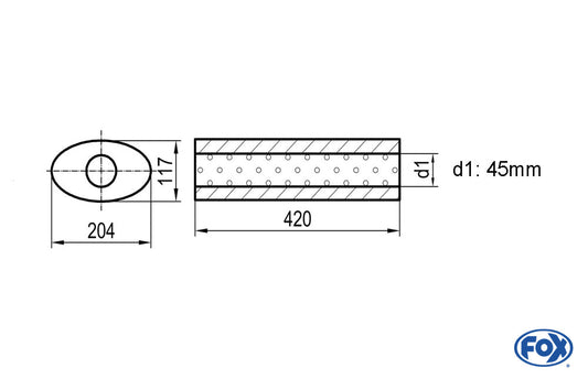 FOX Uni-Schalldämpfer oval ohne Stutzen - Abwicklung 525 204x117mm, d1Ø 45mm, Länge: 420mm