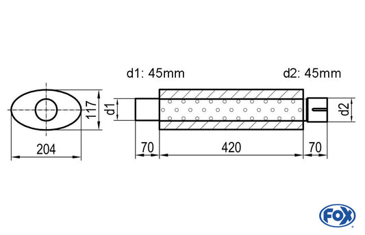 FOX Uni-Schalldämpfer oval mit Stutzen - Abwicklung 525 204x117mm, d1Ø 45mm  d2Ø 45,5mm, Länge: 420mm