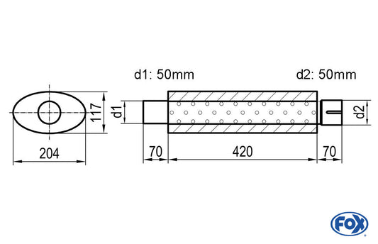 FOX Uni-Schalldämpfer oval mit Stutzen - Abwicklung 525 204x117mm, d1Ø 50mm  d2Ø 50,5mm, Länge: 420mm