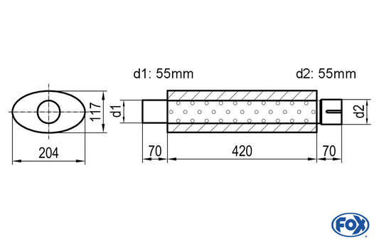 FOX Uni-Schalldämpfer oval mit Stutzen - Abwicklung 525 204x117mm, d1Ø 55mm  d2Ø 55,5mm, Länge: 420mm
