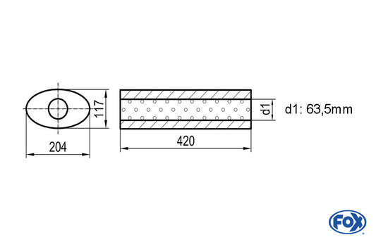 FOX Uni-Schalldämpfer oval ohne Stutzen - Abwicklung 525 204x117mm, d1Ø 63,5mm, Länge: 420mm