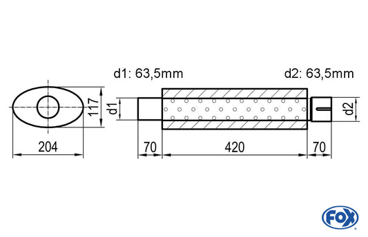 FOX Uni-Schalldämpfer oval mit Stutzen - Abwicklung 525 204x117mm, d1Ø 63,5mm  d2Ø 64mm, Länge: 420mm