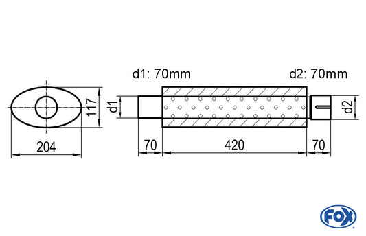 FOX Uni-Schalldämpfer oval mit Stutzen - Abwicklung 525 204x117mm, d1Ø 70mm  d2Ø 70,5mm, Länge: 420mm