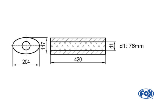 FOX Uni-Schalldämpfer oval ohne Stutzen - Abwicklung 525 204x117mm, d1Ø 76mm, Länge: 420mm