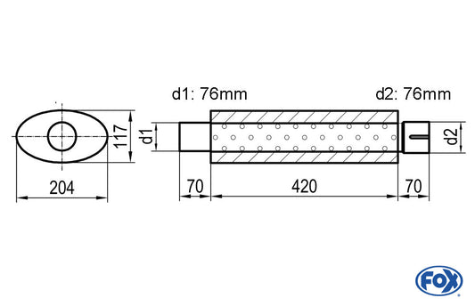 FOX Uni-Schalldämpfer oval mit Stutzen - Abwicklung 525 204x117mm, d1Ø 76mm  d2Ø 76,5mm, Länge: 420mm