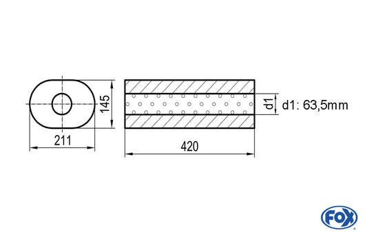 FOX Uni-Schalldämpfer oval ohne Stutzen - Abwicklung 585 211x145mm, d1Ø 63,5mm, Länge: 420mm