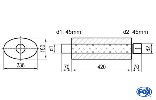 FOX Uni-Schalldämpfer oval mit Stutzen - Abwicklung 618 236x150mm, d1Ø 45mm  d2Ø 45,5mm, Länge: 420mm