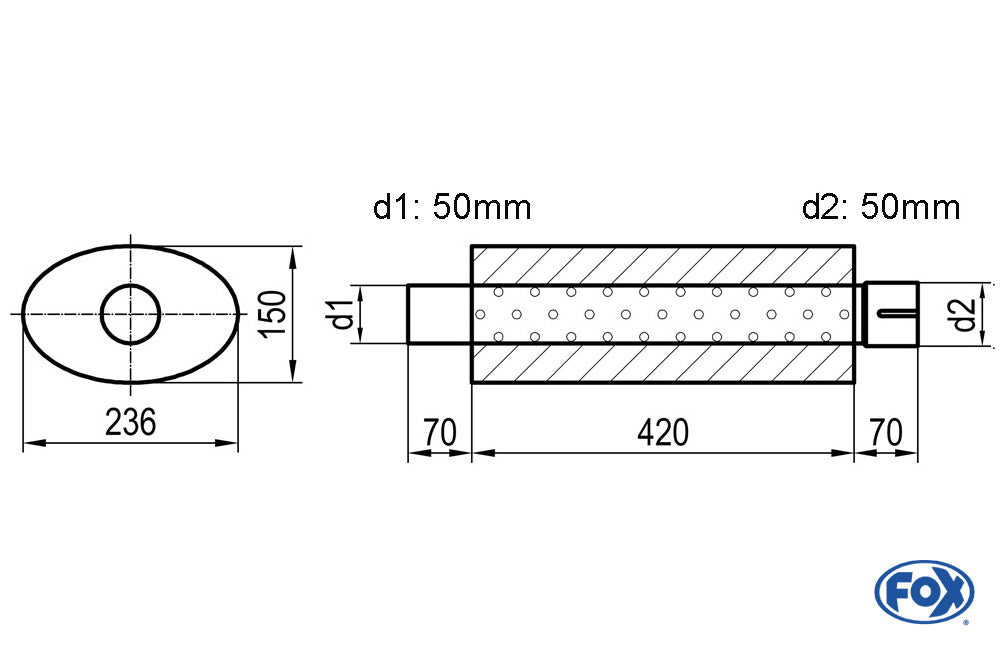 FOX Uni-Schalldämpfer oval mit Stutzen - Abwicklung 618 236x150mm, d1Ø 50mm  d2Ø 50,5mm, Länge: 420mm