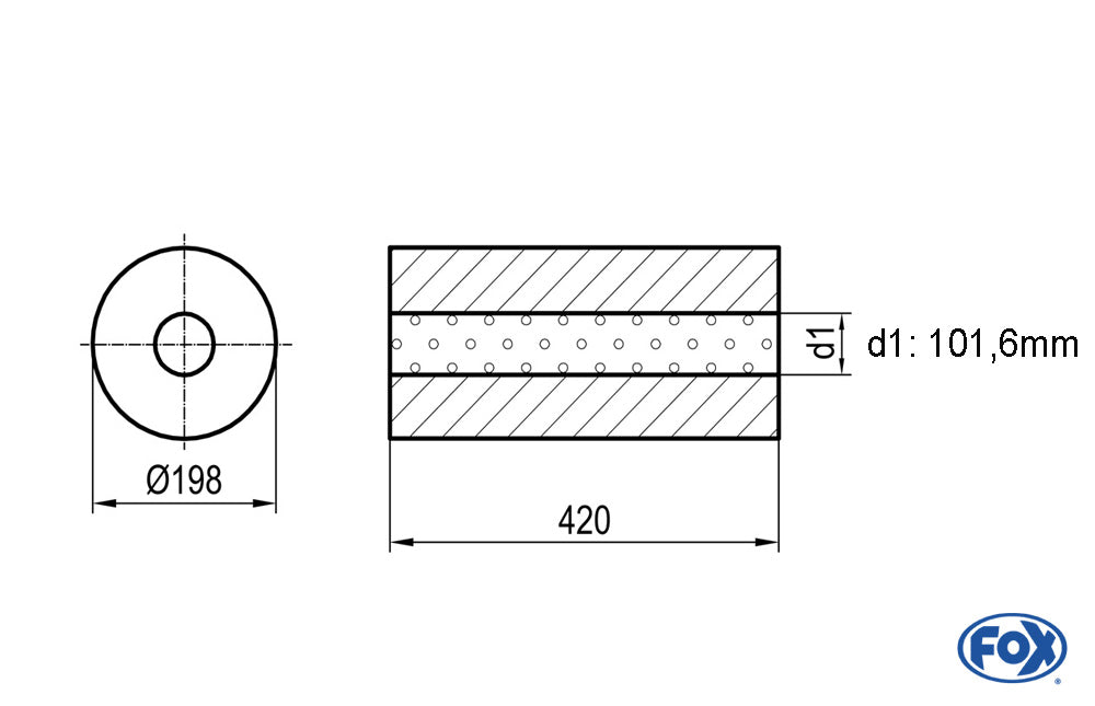 FOX Uni-Schalldämpfer rund ohne Stutzen - Abwicklung 626 Ø 198mm, d1Ø 88,9mm, Länge: 420mm -Ø 198mm
