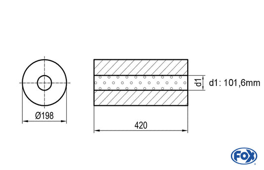 FOX Uni-Schalldämpfer rund ohne Stutzen - Abwicklung 626 Ø 198mm, d1Ø 88,9mm, Länge: 420mm -Ø 198mm