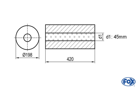 FOX Uni-Schalldämpfer rund ohne Stutzen - Abwicklung 626 Ø 198mm, d1Ø 101,6mm, Länge: 420mm -Ø 198mm