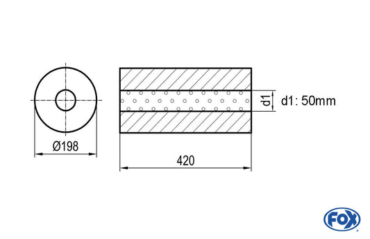 FOX Uni-Schalldämpfer rund ohne Stutzen - Abwicklung 626 Ø 198mm, d1Ø 45mm, Länge: 420mm -Ø 198mm