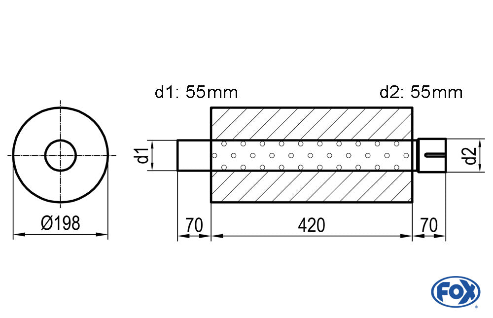 FOX Uni-Schalldämpfer rund mit Stutzen - Abwicklung 626 Ø 198mm, d1Ø 50mm  d2Ø 50,5mm, Länge: 420mm