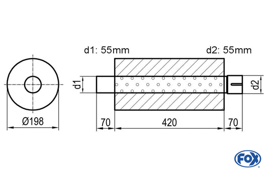 FOX Uni-Schalldämpfer rund mit Stutzen - Abwicklung 626 Ø 198mm, d1Ø 50mm  d2Ø 50,5mm, Länge: 420mm
