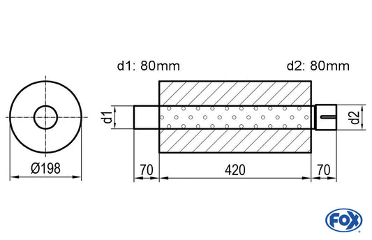 FOX Uni-Schalldämpfer rund mit Stutzen - Abwicklung 626 Ø 198mm, d1Ø 76mm  d2Ø 76,5mm, Länge: 420mm
