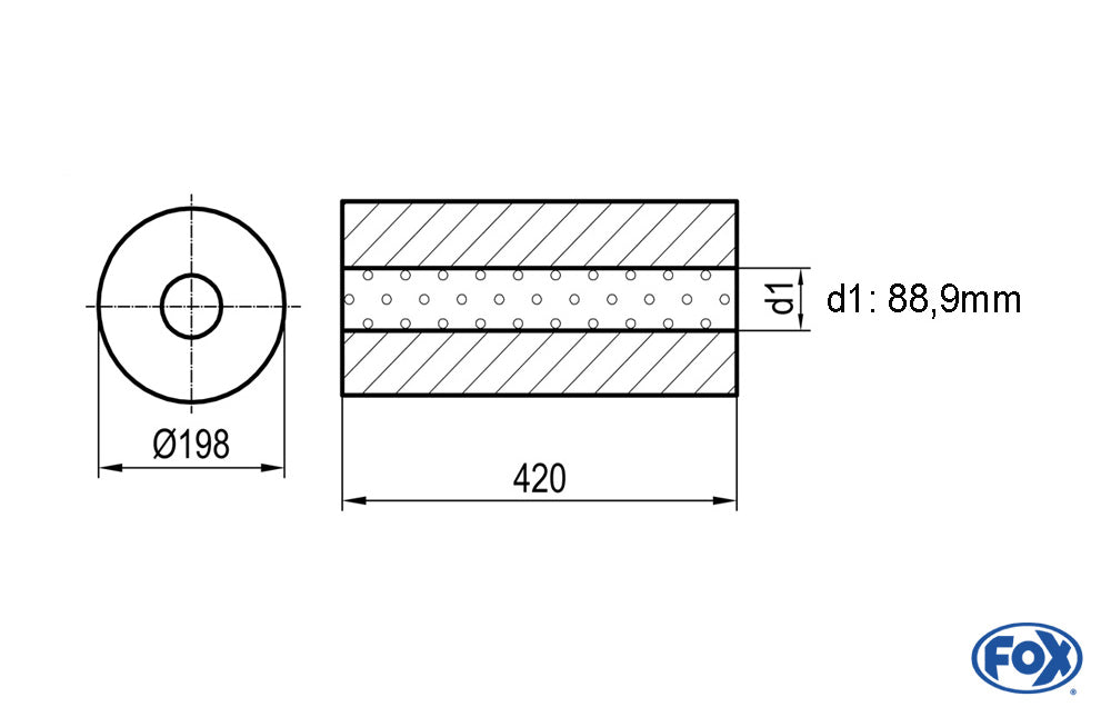 FOX Uni-Schalldämpfer rund ohne Stutzen - Abwicklung 626 Ø 198mm, d1Ø 80mm, Länge: 420mm -Ø 198mm