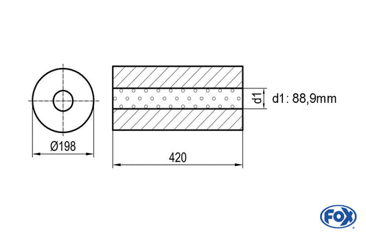 FOX Uni-Schalldämpfer rund ohne Stutzen - Abwicklung 626 Ø 198mm, d1Ø 80mm, Länge: 420mm -Ø 198mm
