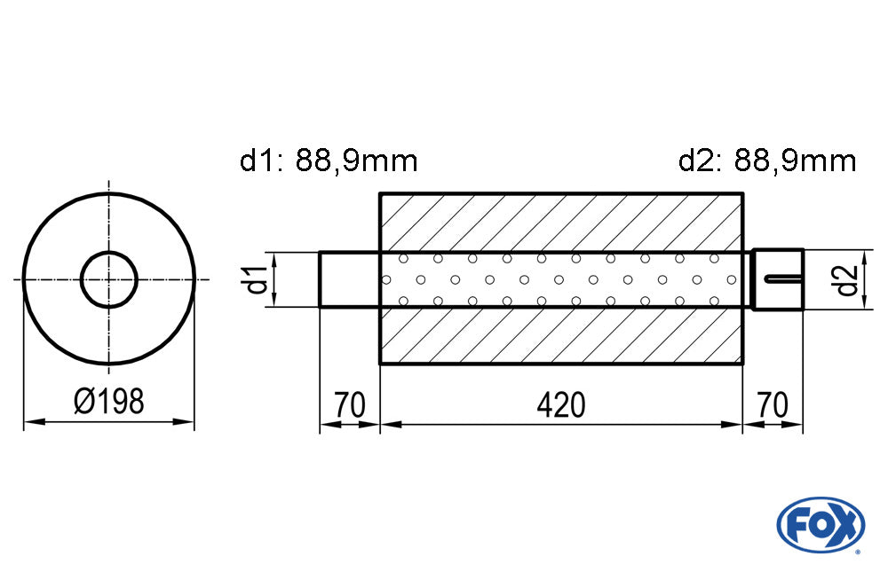 FOX Uni-Schalldämpfer rund mit Stutzen - Abwicklung 626 Ø 198mm, d1Ø 80mm  d2Ø 80,5mm, Länge: 420mm