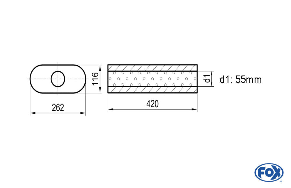 FOX Uni-Schalldämpfer oval ohne Stutzen - Abwicklung 650 262x116mm, d1Ø 55mm, Länge: 420mm