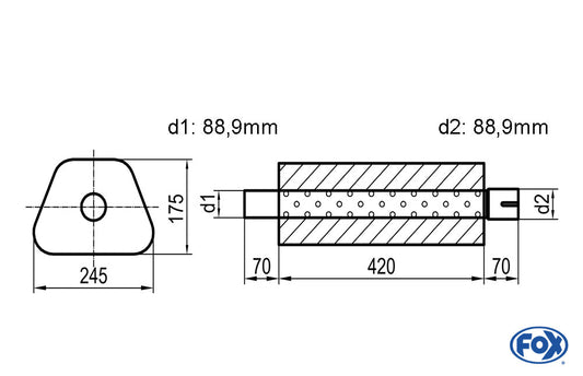 FOX Uni-Schalldämpfer Trapezoid mit Stutzen - Abwicklung 711 245x175mm, d1Ø 88,9mm außen - d2Ø 88,9mm innen - Länge: 420mm