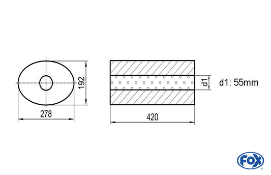 FOX Uni-Schalldämpfer oval ohne Stutzen - Abwicklung 754 278x192mm, d1Ø 55mm, Länge: 420mm