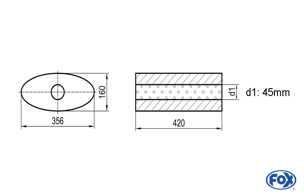 FOX Uni-Schalldämpfer oval ohne Stutzen - Abwicklung 818 356x160mm, d1Ø 45mm, Länge: 420mm