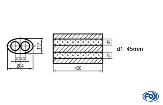 FOX Uni-Schalldämpfer oval zweiflutig - Abwicklung 525 204x117mm, d1Ø 45mm, Länge: 420mm