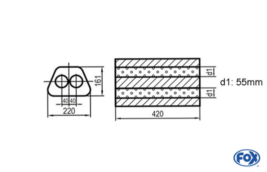 FOX Uni-Schalldämpfer Trapezoid zweiflutig - Abwicklung 644 220x161mm, d1Ø 55mm, Länge: 420mm