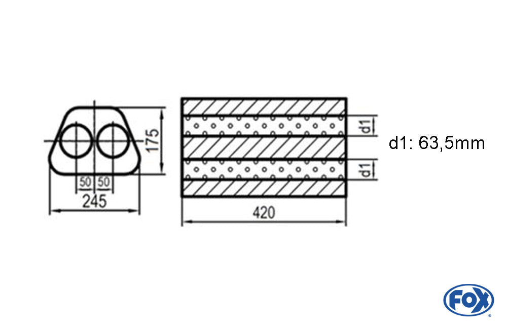 FOX Uni-Schalldämpfer Trapezoid zweiflutig - Abwicklung 711 245x175mm, d1Ø 63,5mm  außen -, Länge: 420mm
