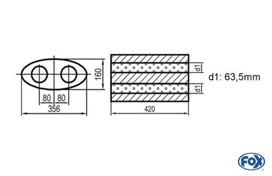 FOX Uni-Schalldämpfer oval zweiflutig - Abwicklung 818 356x160mm, d1Ø 63,5mm, Länge: 420mm