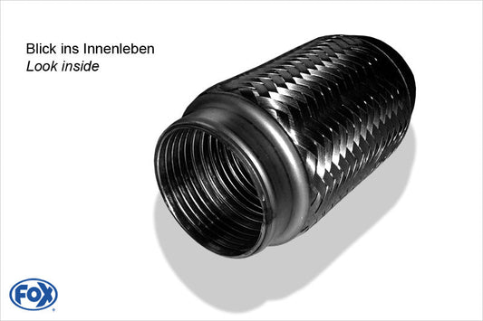FOX Flexibles Rohr Interlock - Ø90mm innen - Länge: 150mm Innenleben besteht aus Edelstahlwellrohr - Außenhülle ist Edelstahlgeflecht
