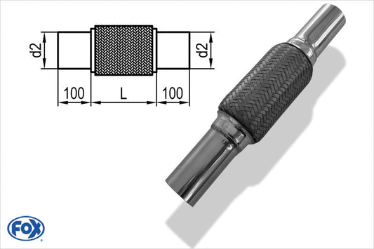 FOX Flexibles Rohr Interlock - Ø51mm  - Länge: 150mm + Stutzen Innenleben besteht aus Edelstahlwellrohr - Außenhülle ist Edelstahlgeflecht -  Mit Edelstahl-Schlussrohren zum Anschweißen - d2 (innen): variabel (muss separat angegeben werden!)