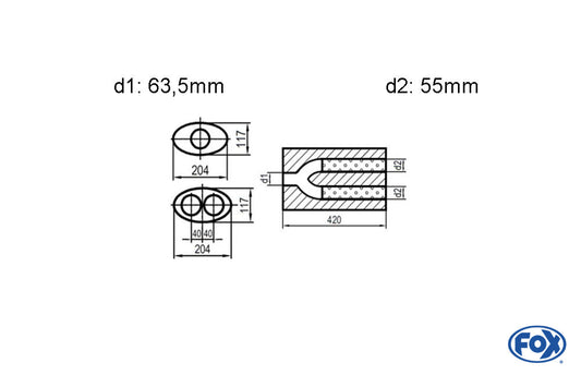 FOX Uni-Schalldämpfer oval zweiflutig mit Hose - Abwicklung 525 204x117mm, d1Ø 63,5mm  d2Ø 55mm, Länge: 420mm